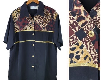 Vintage Delta Burke Button Up Top Plus Size 2X 18/20W Animal Print Black Casual