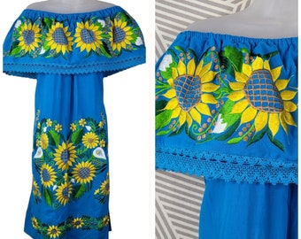 Vintage Mexican Dress Size Large XL Off Shoulder Embroidered Sunflowers Lace