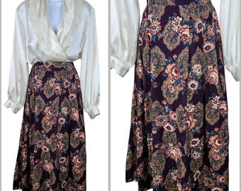 Vtg Floral Skirt 12 Large Elastic Waist Pull On Romantic Pleated Purple Rose Alt