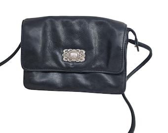 Vintage Fossil Crossbody Bag Purse Organizer Black Leather Multiple Pocket Alt