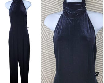Vintage Velvet Jumpsuit Size XL Stretchy Sleeveless Evening High Neck Black