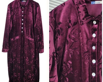 Vintage La Cera Velvet Housecoat Dress Robe Size XL Warm Winter Burgundy Rose