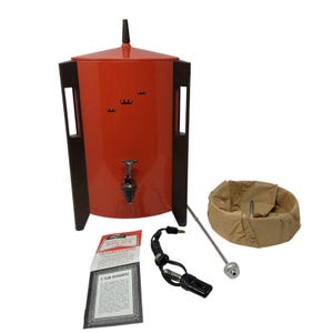 May include: A vintage orange electric coffee urn with dark brown side supports, a central spigot, and three crown cutouts. Included are a tan fabric filter basket, a metal heating rod, a black power cord, and a printed instruction manual.