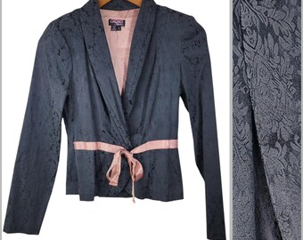 Vintage Fitted Blazer Jacket 90s Y2k Size 2 Charcoal Black Jacquard Pink Ribbon