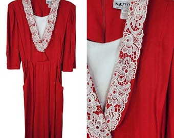 Vintage Power Suit Jacket Dress Size 12 Petite Career Red FLAW Lace Collar
