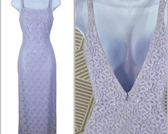 Abito da ballo vintage anni '90 Jessica McClintock Gunne Sax, taglia 6-8, con strati di pizzo e paillettes.