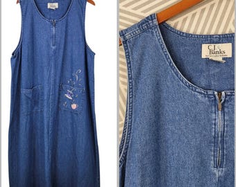 Vintage Overall Dress Plus 20W Blue Denim Jean Embroidered Maxi Long Coffee Cup