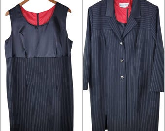 Vtg Power Suit Jacket Dress Set Plus 16 18 Evening Black Long Blazer Pinstripe