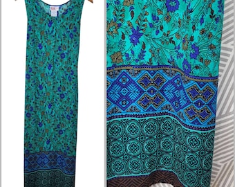 Vintage 90s Party Slip Dress 14 Large Long Maxi Grunge alt Green Blue Floral