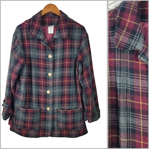 Vintage Wool Plaid Winter Blanket Barn Jacket Size 14 Large Red Grey Tartan
