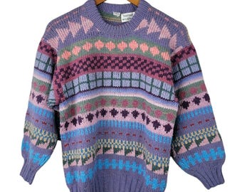 Vintage 80s/90s Sweater size Medium 100% Wool Pink Purple Blue Horner Woolens
