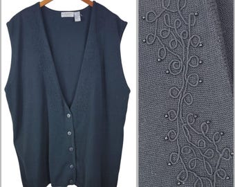 Vintage Sweater Vest Plus Size 2 2X Black Button Up Beaded Embroidered Alt