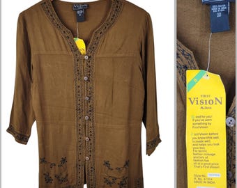 NEW Vintage Top Size Small Button Up Boho Brown Embroidered Beaded renaissance