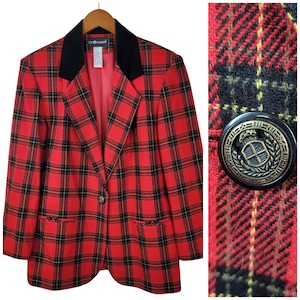 Vintage Wool Blazer Jacket size 12 Tartan Plaid Red Black Velvet Collar Holiday