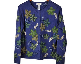 Sweter kardigan Talbots, duży, drobny, haftowany kwiatowy liść, niebiesko-zielony, wełniany