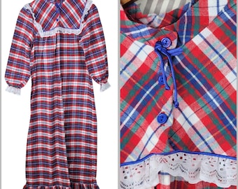 Koszula nocna w stylu vintage, krata, bawełna, mała, flanelowa, tartan, koronkowe wykończenie, skromna tartan