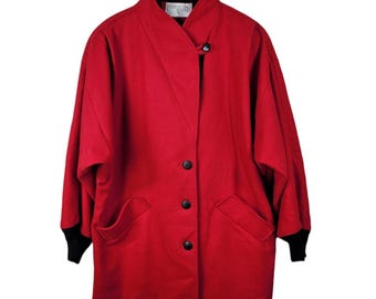 Vintage Wool Coat Size 12 Medium Large Winter Classic Red Dolman Art To Wear