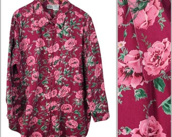 Vintage Plus Size 2X Jacket Shacket Romantic Floral Cottagecore Pink Rose Denim