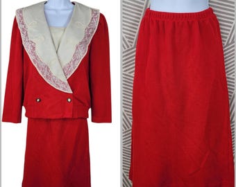 Vintage 80 2-delige kostuumset medium rok jas rood gebreid oversized kanten kraag