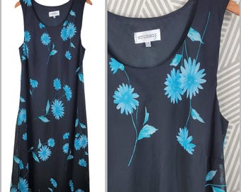 Sukienka vintage slip plus 20W 20 Alt długa midi romantyczna warstwowa czarno-niebieska z kwiatowym wzorem
