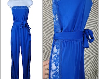 Tuta vintage taglia S, pantaloni con bordo in pizzo sui lati, lingerie, tutina da casa blu