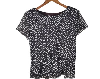 R&K Top Mesh Size 12 Chiffon semi sheer Ruffle Brown Polkadot Assymetric Collar