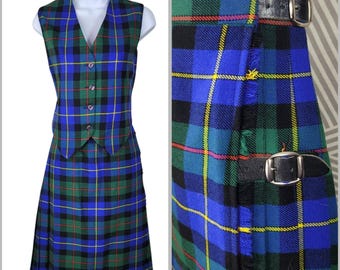 Vintage Wool Blend Plaid Pleated Midi Skirt Vest Set Small 4/6 Blue Green Tartan