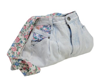 Vintage 80s Jean Shorts Unique Purse Bag hand made floral light wash bag pants