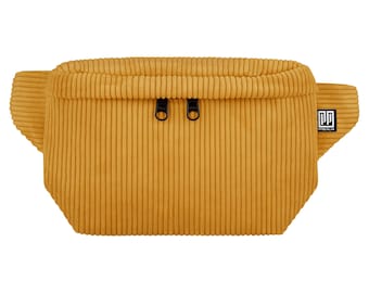 Corduroy belly bag curry yellow square, men's belt bag women's, square corduroy hipbag with 3 compartments, crossbody bag made of corduroy, corduroy bag yellow