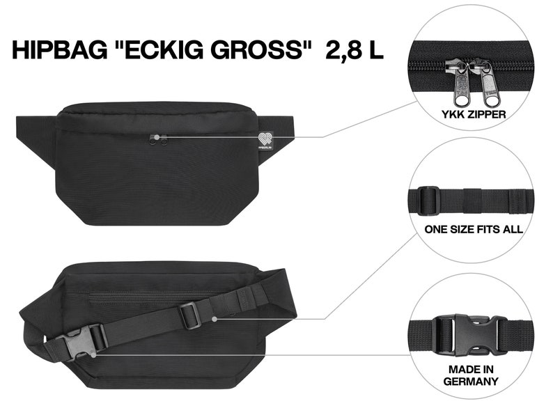 Bauchtasche schwarz aus Meeresplastik, nachhaltige Gürteltaschen in vielen Größen für Damen & Herren, robuste Hipbag aus recyceltem Plastik Bild 4