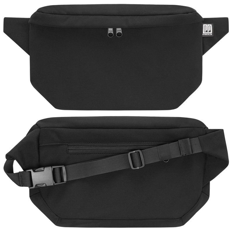 May include: Black fanny pack with a zippered pocket on the front and an adjustable strap. The pack has a small logo on the side that says "PP" in white.