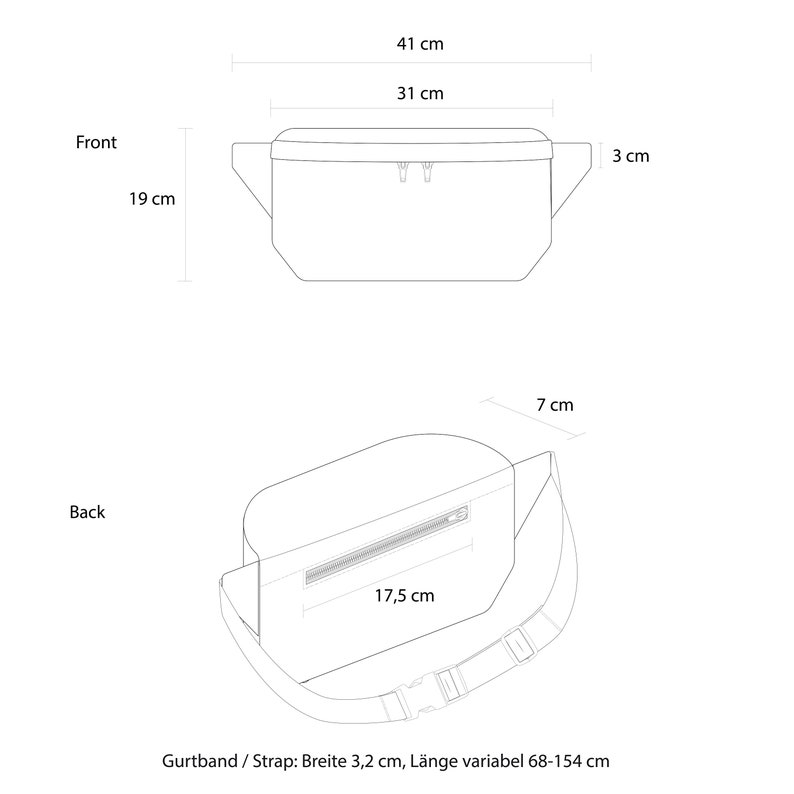 May include: A black fanny pack with a zipper closure and adjustable strap. The pack measures 17.5 inches wide, 7 inches tall, and 3 inches deep. The strap is adjustable from 27 to 57 inches.