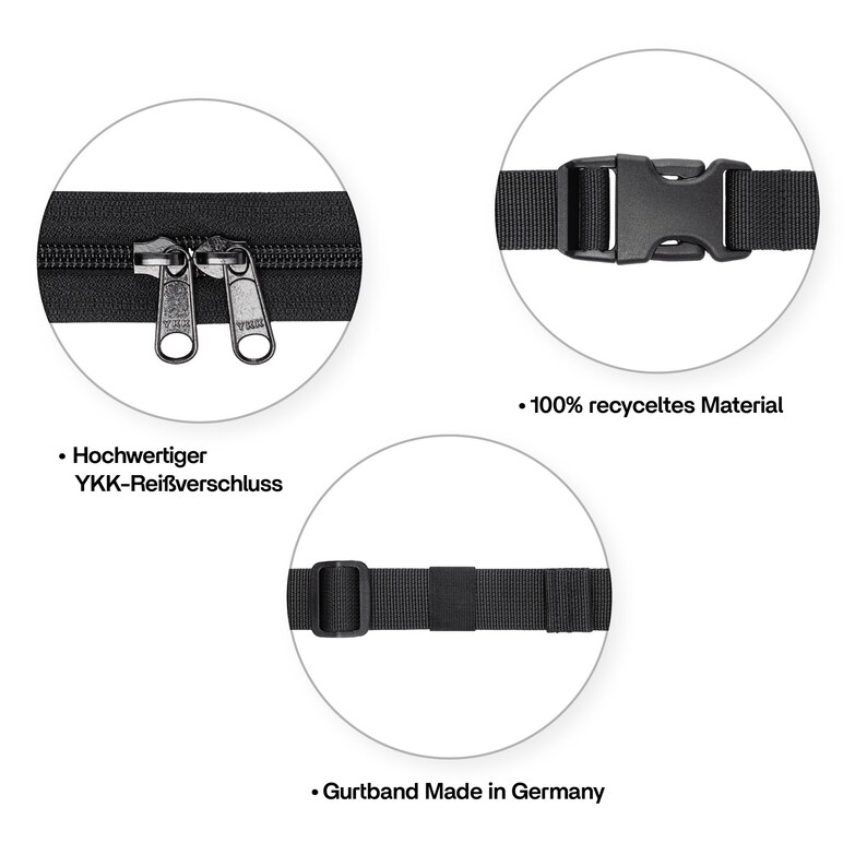 May include: Close-up of a black belt with a silver zipper and a black plastic buckle. The text "Hochwertiger YKK-Rei&szlig;verschluss" is visible. The belt is made of 100% recycled material and the strap is made in Germany.