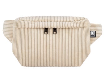 Bauchtasche Cord beige, robuste Hüfttasche eckig, Cord Hipbag für Damen & Herren, Crossbody Bag Cord beige 3 Fächer, Gürteltasche mit Riemen