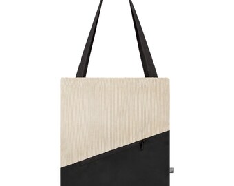 Shopper Bag Cord Beige Kunstwildleder Schwarz Vegan Tragetasche Handgenäht in Berlin für Damen Herren Unisex