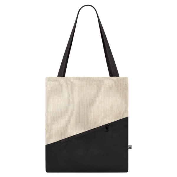 Shopper Bag Cord Beige Faux Suede Black Vegan Tote handgenaaid in Berlijn voor Dames Heren Unisex