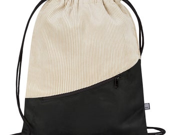 Turnbeutel Cord Beige Kunstwildleder Schwarz Vegan Sportbeutel Tagesrucksack Handgenäht in Berlin für Damen Herren Unisex