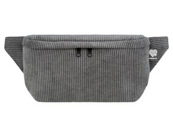 Bauchtasche Cord Grau (groß, 3 Fächer) – geräumige Hipbag Crossbody Gürteltasche Damen Herren vegan fair made in Germany (Berlin)