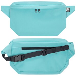 May include: A light blue fanny pack with a black adjustable strap and a zippered pocket on the back. The pack has a small black logo that says "PP" on the front.