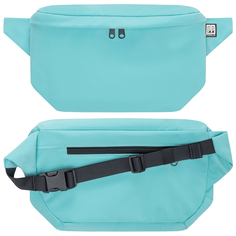 May include: A light blue fanny pack with a black adjustable strap and a zippered pocket on the back. The pack has a small black logo that says "PP" on the front.