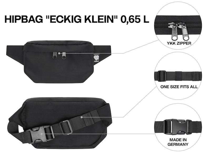 Bauchtasche schwarz aus Meeresplastik, nachhaltige Gürteltaschen in vielen Größen für Damen & Herren, robuste Hipbag aus recyceltem Plastik Bild 5