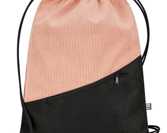 Turnbeutel Cord Rosa Kunstwildleder Schwarz Vegan Sportbeutel Tagesrucksack Handgenäht in Berlin für Damen Herren Unisex