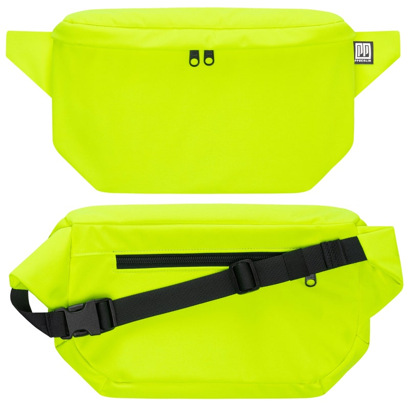 May include: A bright yellow fanny pack with a black adjustable strap and a zippered pocket. The pack has a black logo that says "DD FREECLIQ".