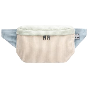 Könnte beinhalten: Eine hellblaue und beige Cord-Bauchtasche mit einem schwarzen Reißverschluss und dem Wort "FREESKIER" in schwarzer Schrift.