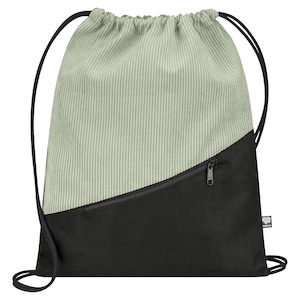 Turnbeutel Cord Mint & Kunstwildleder (Reißverschlussfach) – Sportbeutel, Tagesrucksack, vegan fair made in Germany (Berlin)