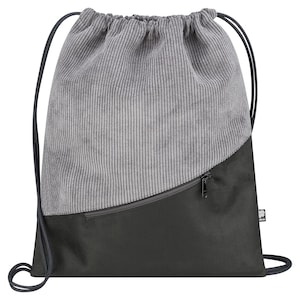 Drawstring Backpack Cord Grey & Faux Suede (Zipper Pocket) – Daypack, Gym Bag, Vegan and Fair, Handmade in Berlin (Germany)