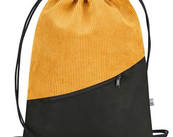 Turnbeutel Cord Ocker Kunstwildleder Schwarz Vegan Sportbeutel Tagesrucksack Handgenäht in Berlin für Damen Herren Unisex