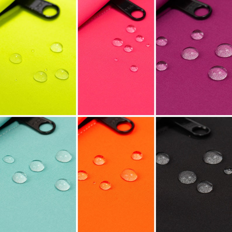 May include: Six fabric swatches in different colors, each with a zipper pull and water droplets on the surface. The colors are neon yellow, pink, purple, turquoise, orange, and black.