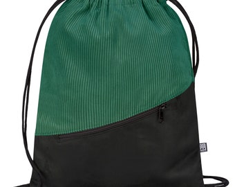 Turnbeutel Cord Grün Kunstwildleder Schwarz Vegan Sportbeutel Tagesrucksack Handgenäht in Berlin für Damen Herren Unisex