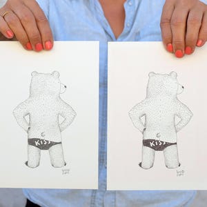 Bear illustration in underwear, ink, black and white, watercolor, A5